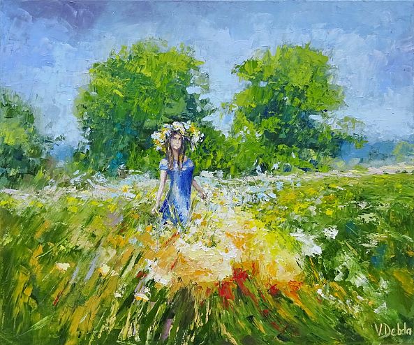 Landscape with oil summer grass girl in blue dress, wreath,yellow, green, Russian field,painting palette knife,the picture is ready to hang-Viktoria 