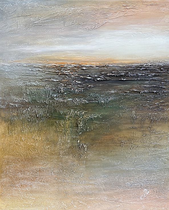 First dawn, painting, acrylic, nature abstract, texture, beige brown green, unframed-Olivia Maro