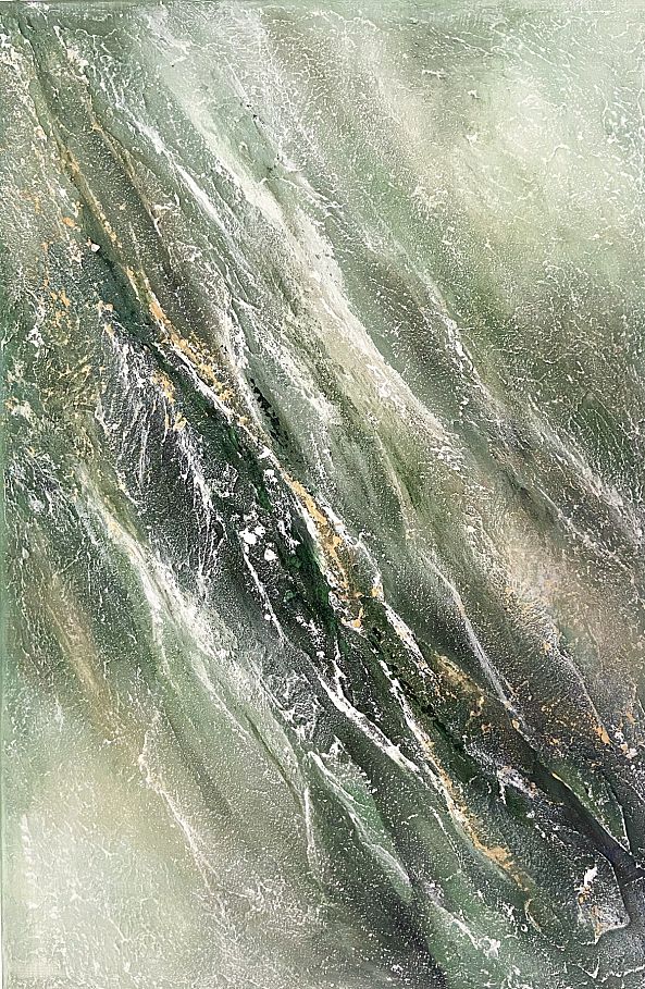 Stone Waves, acrylic, white gold green, abstract, texture, unframed-Olivia Maro